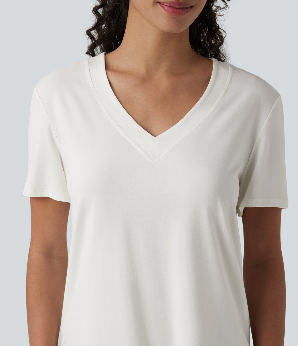 V Neck Short Sleeve Curved Hem Casual T-Shirt — White — view 4