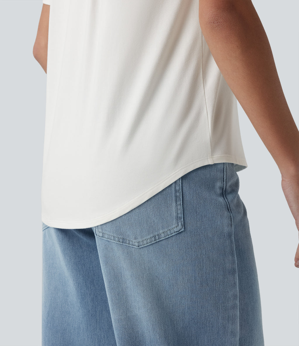 V Neck Short Sleeve Curved Hem Casual T-Shirt — White — view 5