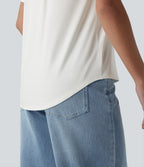 V Neck Short Sleeve Curved Hem Casual T-Shirt — White — view 5