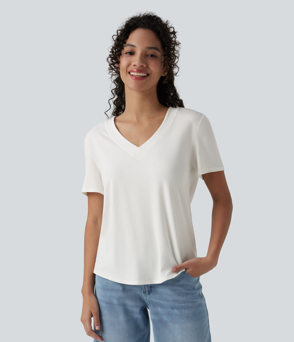 V Neck Short Sleeve Curved Hem Casual T-Shirt — White — view 1