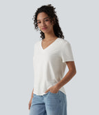 V Neck Short Sleeve Curved Hem Casual T-Shirt — White — view 3