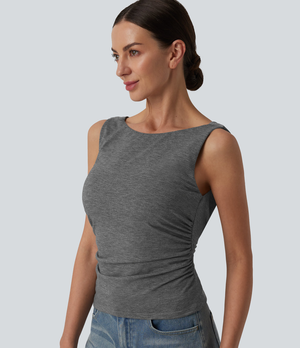 Boat Neck Cowl Back Ruched Casual Tank Top — Darl Gray Floral Yarn — view 5
