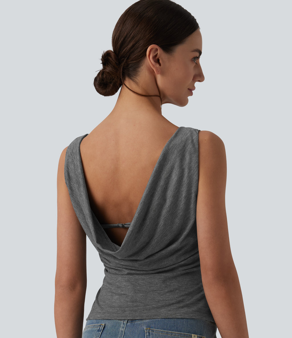 Boat Neck Cowl Back Ruched Casual Tank Top — Darl Gray Floral Yarn — view 4