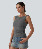 Boat Neck Cowl Back Ruched Casual Tank Top — Darl Gray Floral Yarn — view 3