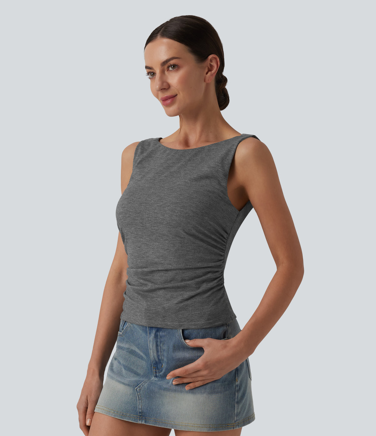 Boat Neck Cowl Back Ruched Casual Tank Top — Darl Gray Floral Yarn — view 3