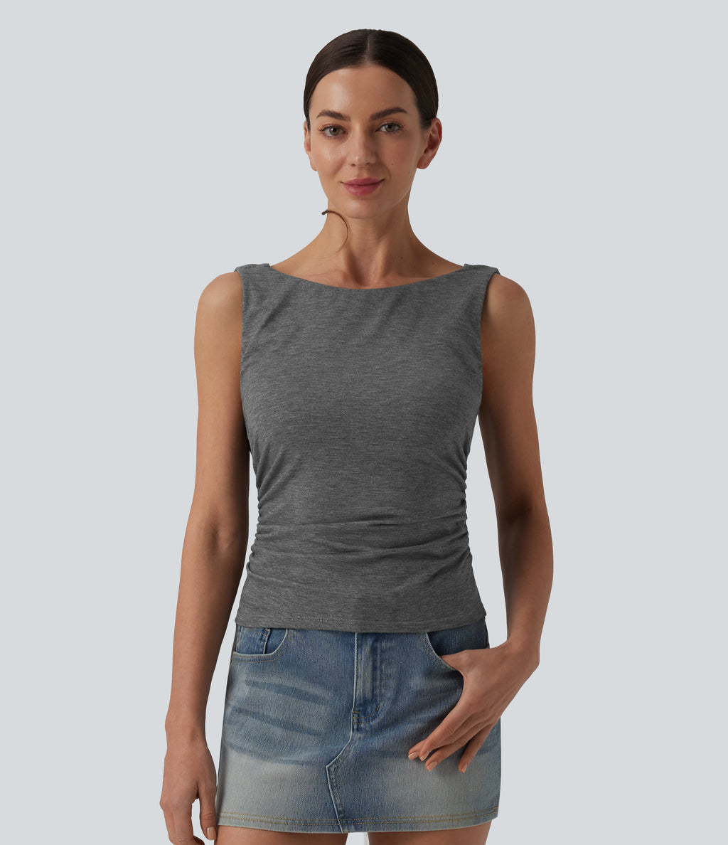 Boat Neck Cowl Back Ruched Casual Tank Top — Darl Gray Floral Yarn — view 2