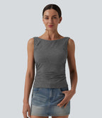 Boat Neck Cowl Back Ruched Casual Tank Top — Darl Gray Floral Yarn — view 2