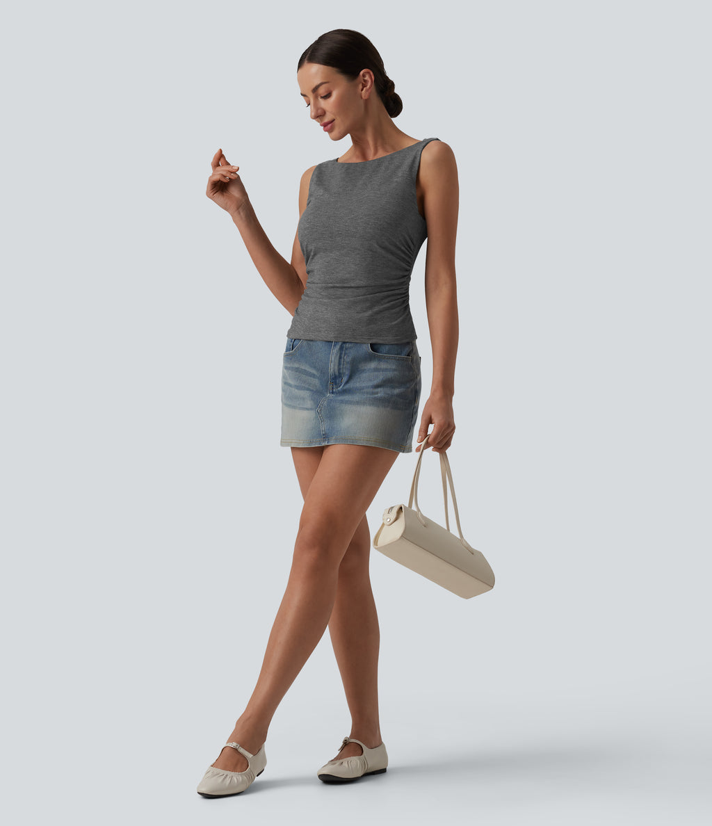Boat Neck Cowl Back Ruched Casual Tank Top — Darl Gray Floral Yarn — view 6