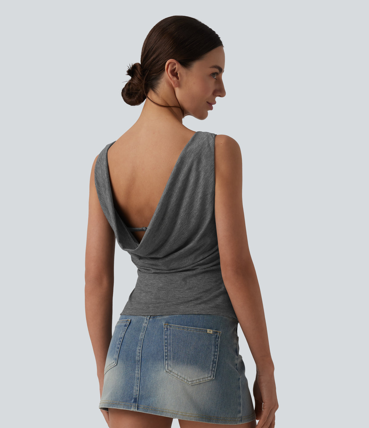 Boat Neck Cowl Back Ruched Casual Tank Top — Darl Gray Floral Yarn — view 1