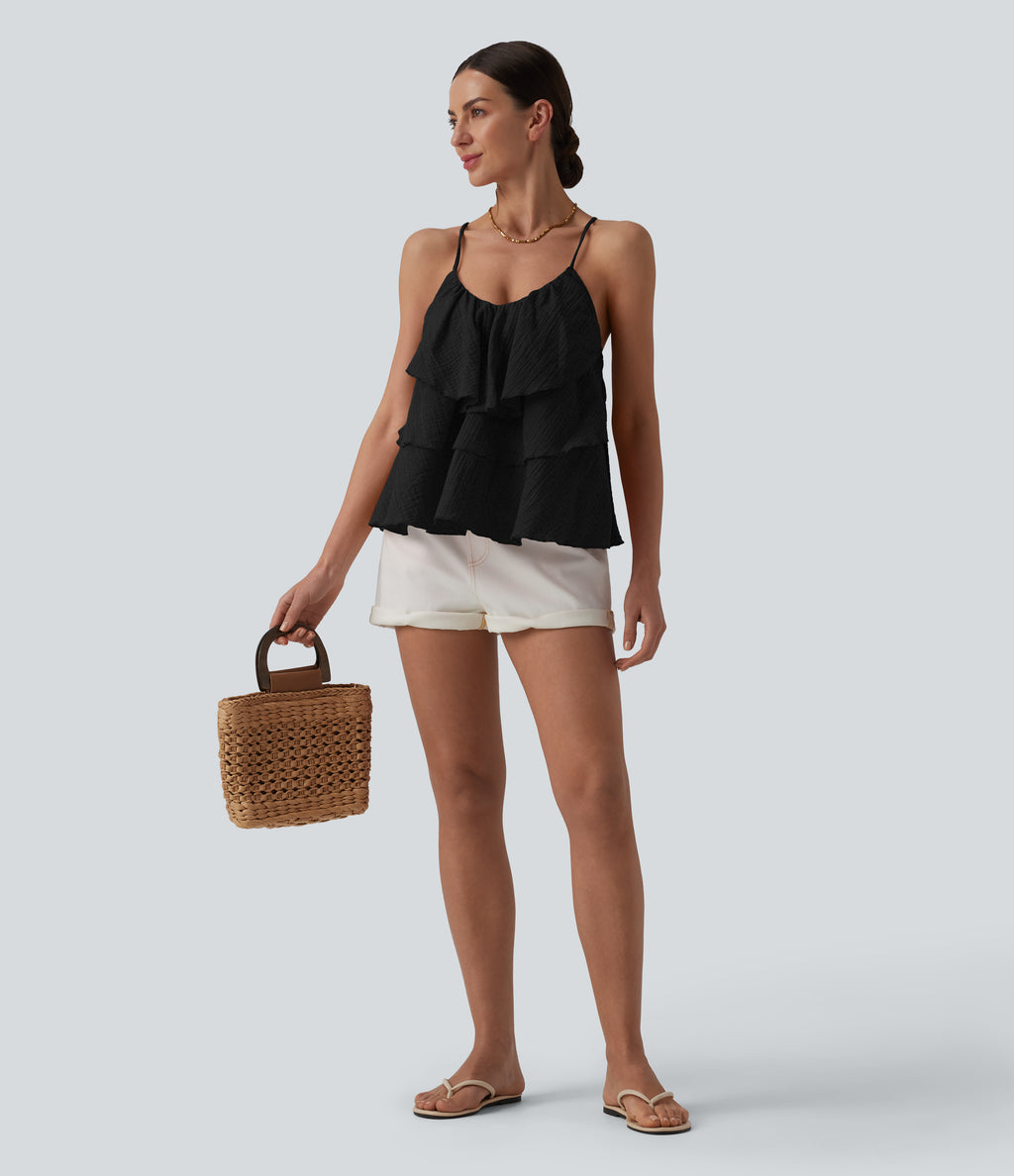 Lace Up Layered Ruffle Hem Cotton Tank Top — Black — view 8