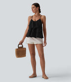 Lace Up Layered Ruffle Hem Cotton Tank Top — Black — view 8