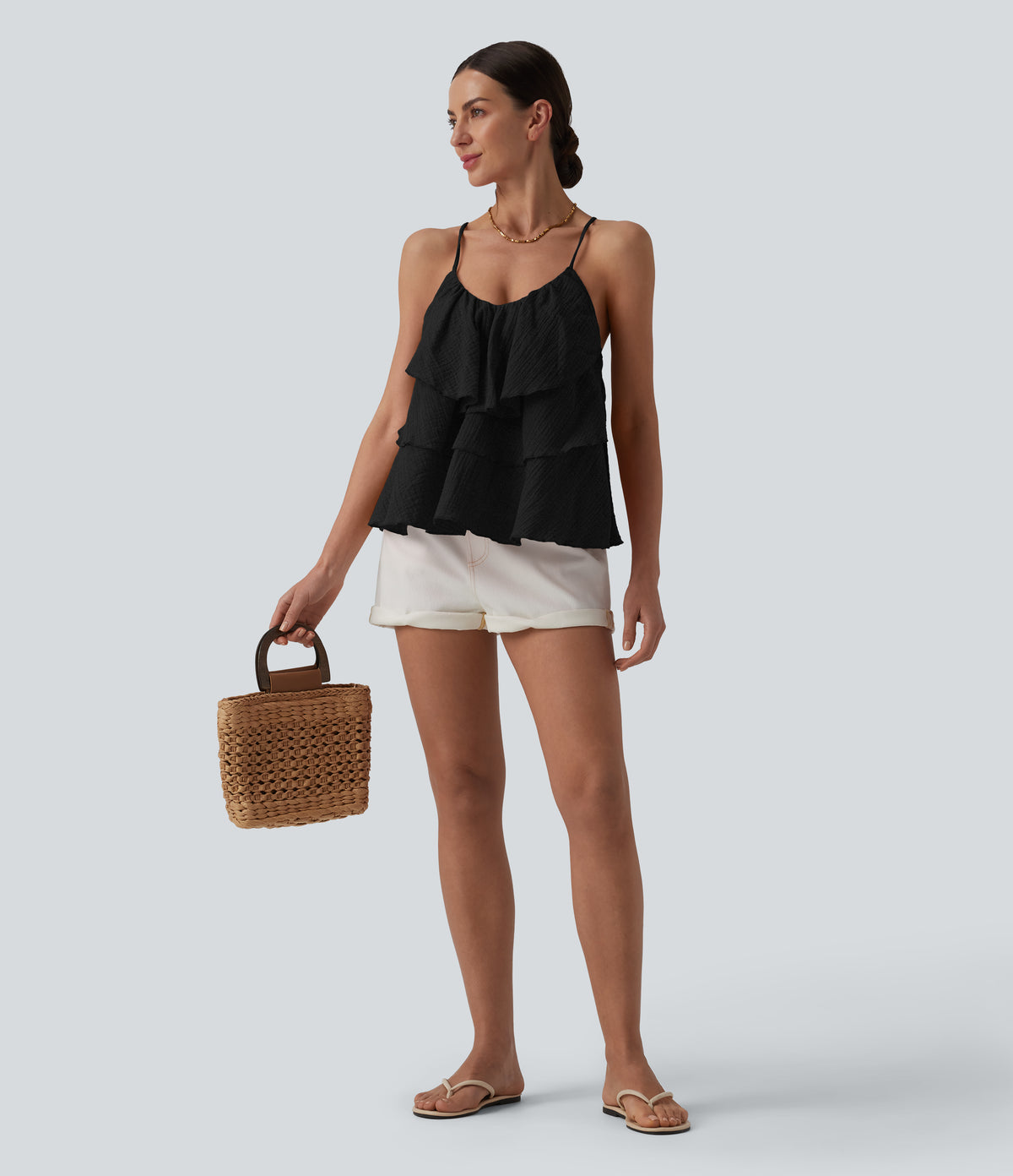 Lace Up Layered Ruffle Hem Cotton Tank Top — Black — view 8