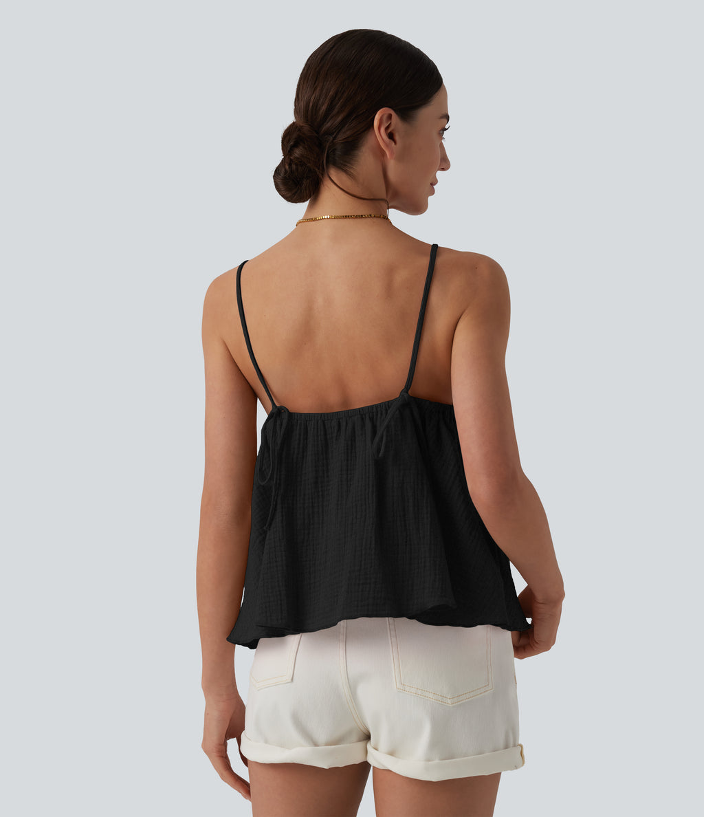 Lace Up Layered Ruffle Hem Cotton Tank Top — Black — view 3