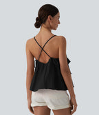 Lace Up Layered Ruffle Hem Cotton Tank Top — Black — view 2