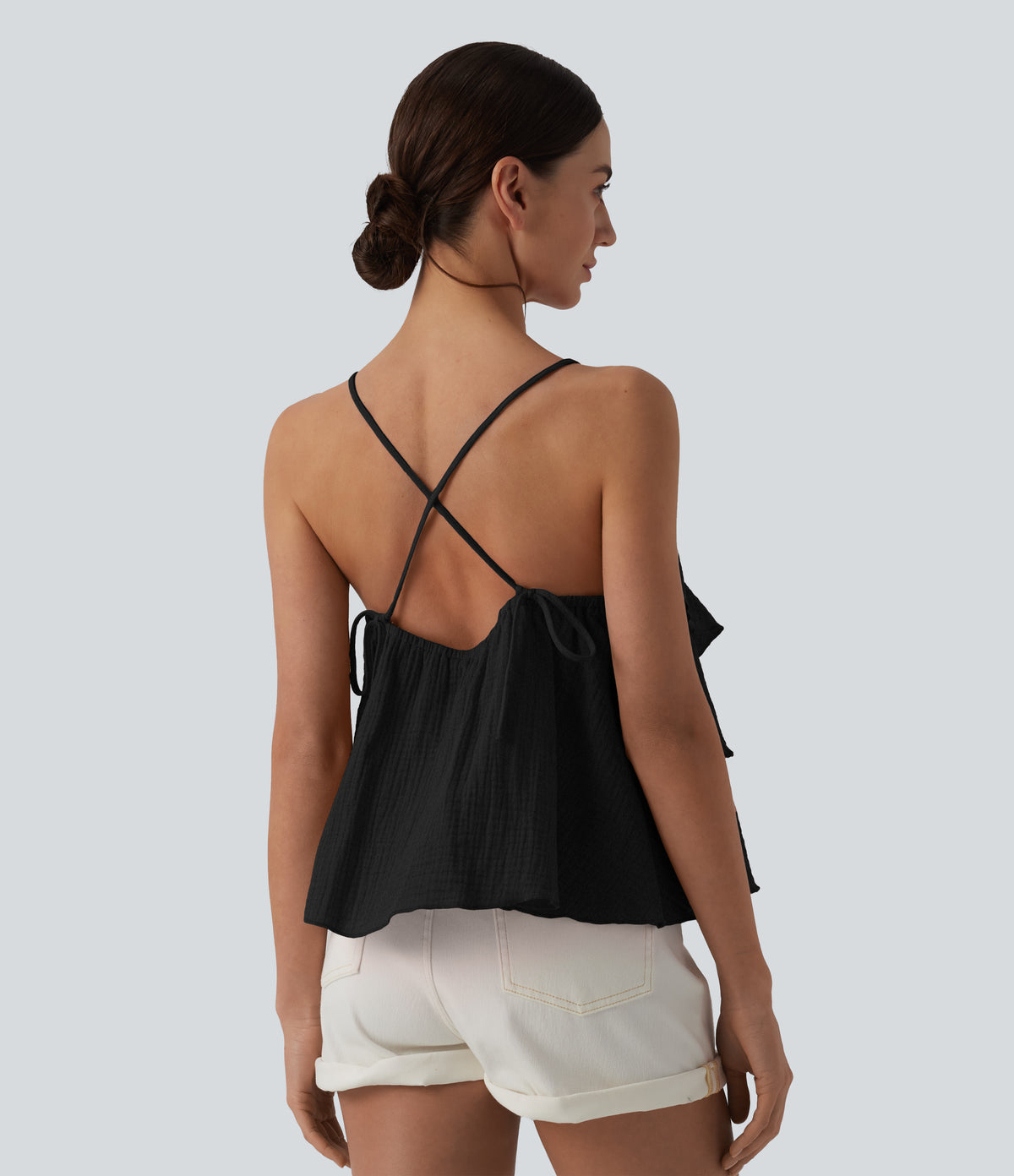 Lace Up Layered Ruffle Hem Cotton Tank Top — Black — view 2