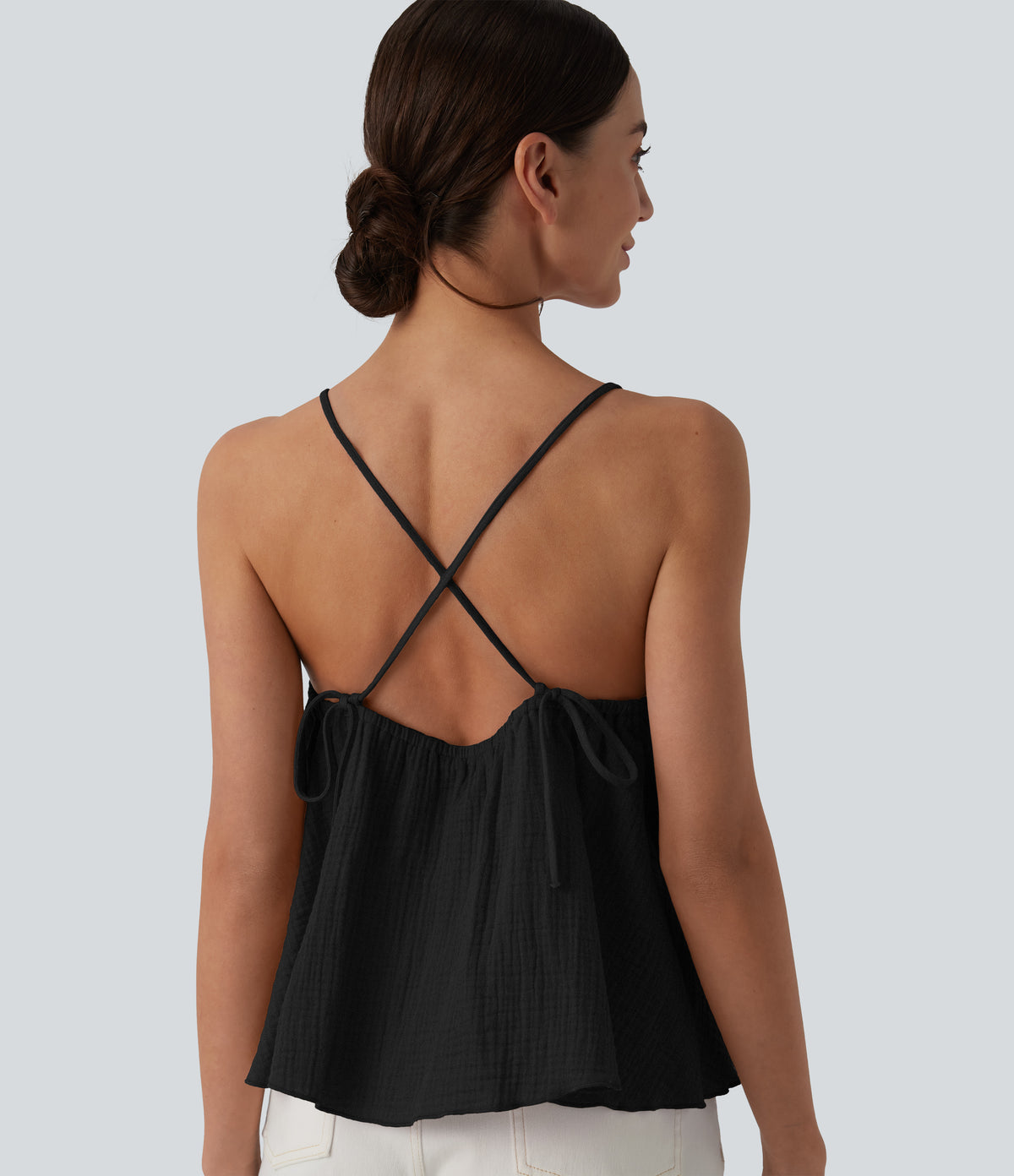 Lace Up Layered Ruffle Hem Cotton Tank Top — Black — view 5