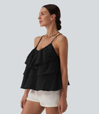 Lace Up Layered Ruffle Hem Cotton Tank Top — Black — view 4