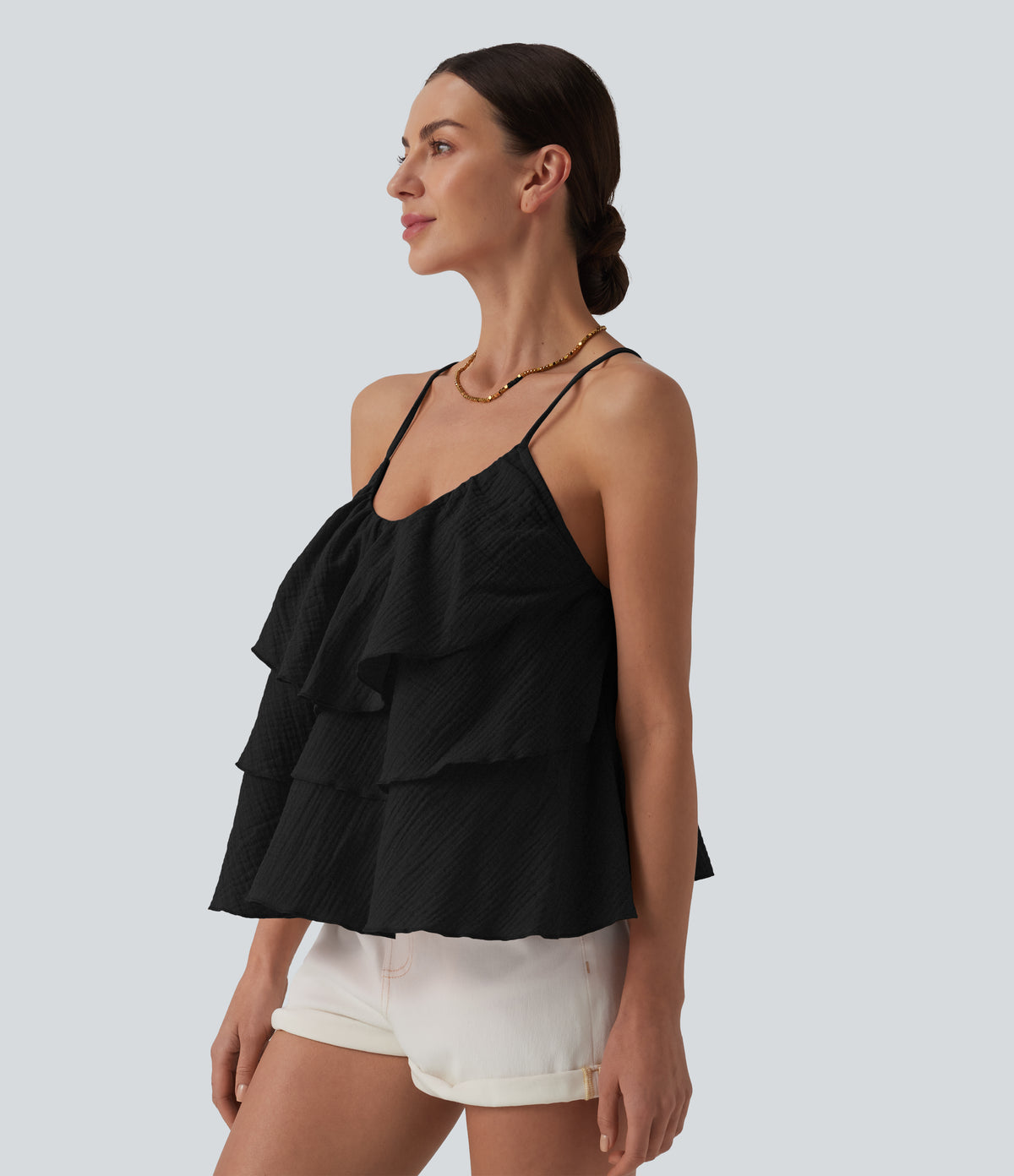 Lace Up Layered Ruffle Hem Cotton Tank Top — Black — view 4