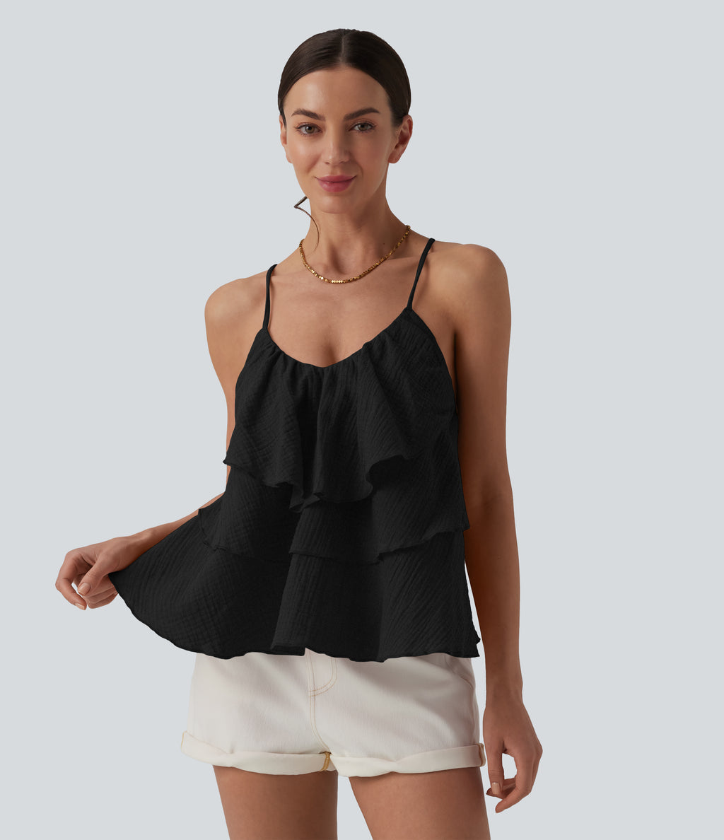Lace Up Layered Ruffle Hem Cotton Tank Top — Black — view 1