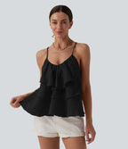 Lace Up Layered Ruffle Hem Cotton Tank Top — Black — view 1
