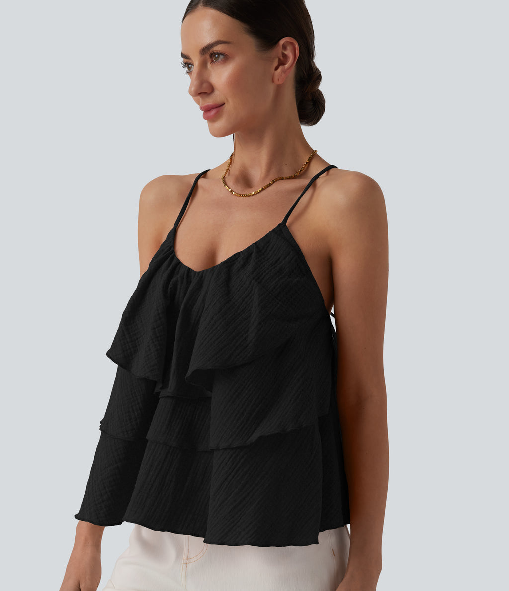 Lace Up Layered Ruffle Hem Cotton Tank Top — Black — view 7