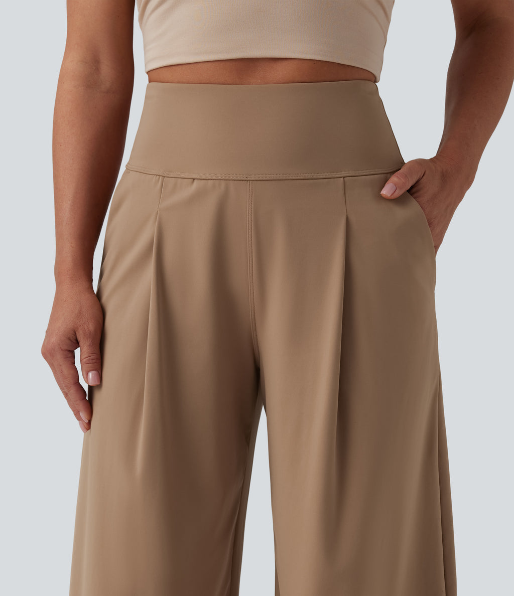 Airy High Waisted Tummy Control Wide Leg InstantCool Casual Trousers with Pockets — Burro — view 4