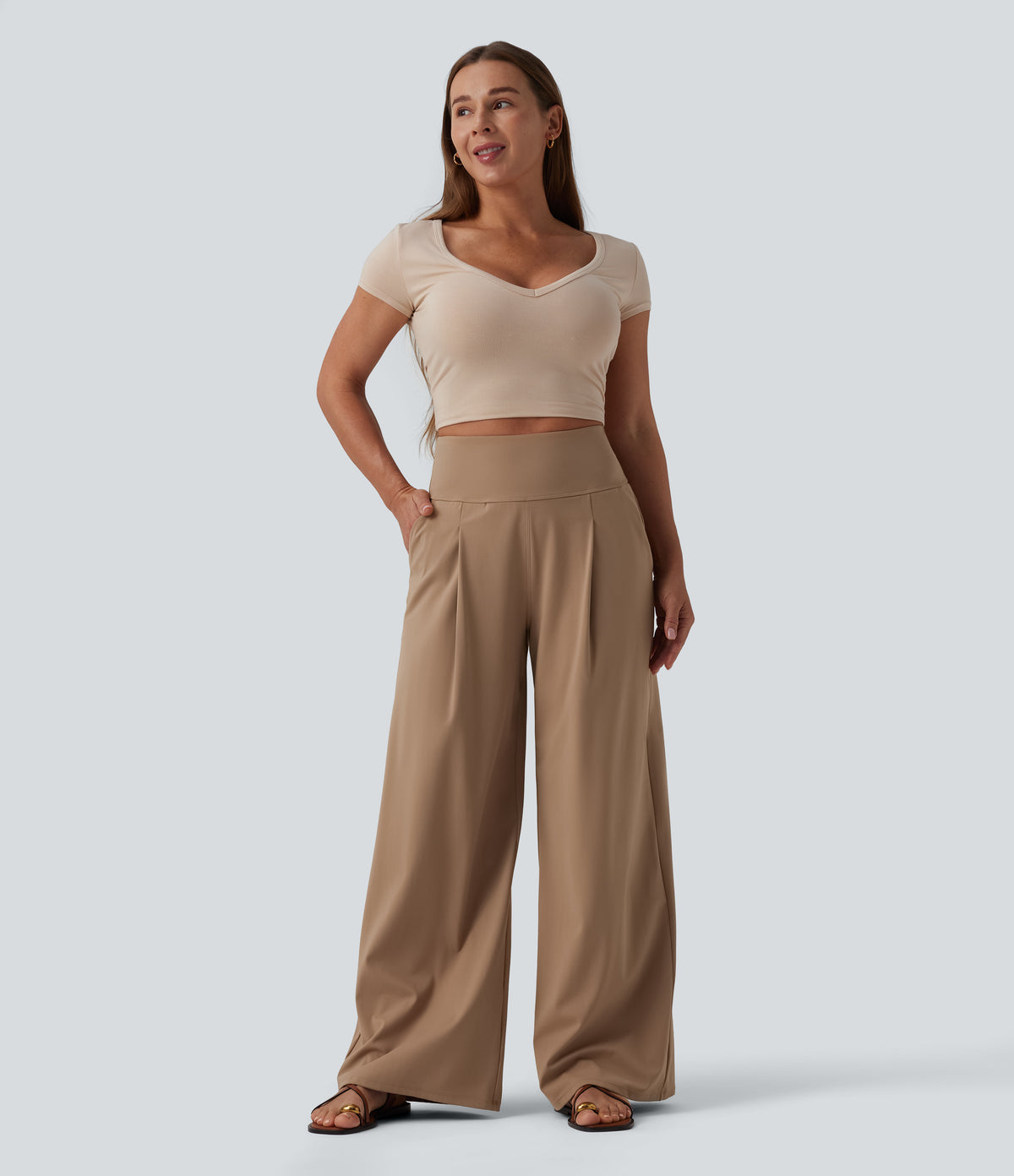 Airy High Waisted Tummy Control Wide Leg InstantCool Casual Trousers with Pockets — Burro — view 6