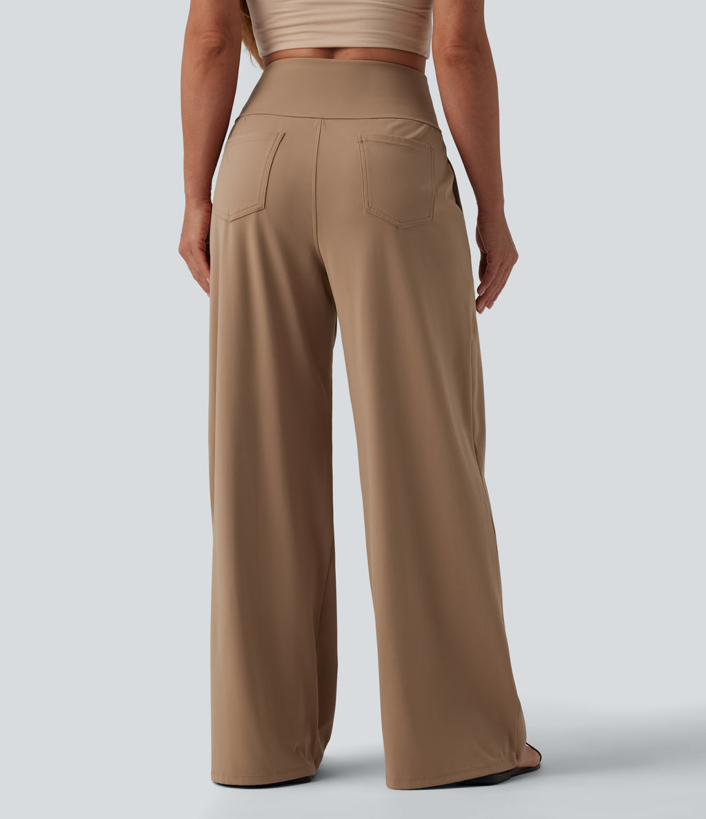 Airy High Waisted Tummy Control Wide Leg InstantCool Casual Trousers with Pockets — Burro — view 2