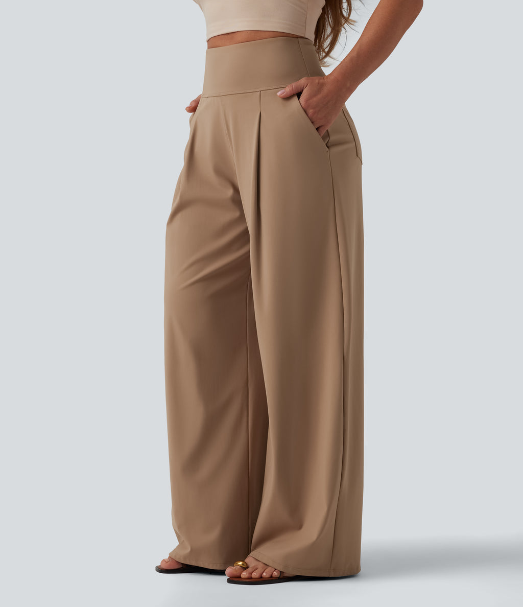 Airy High Waisted Tummy Control Wide Leg InstantCool Casual Trousers with Pockets — Burro — view 3