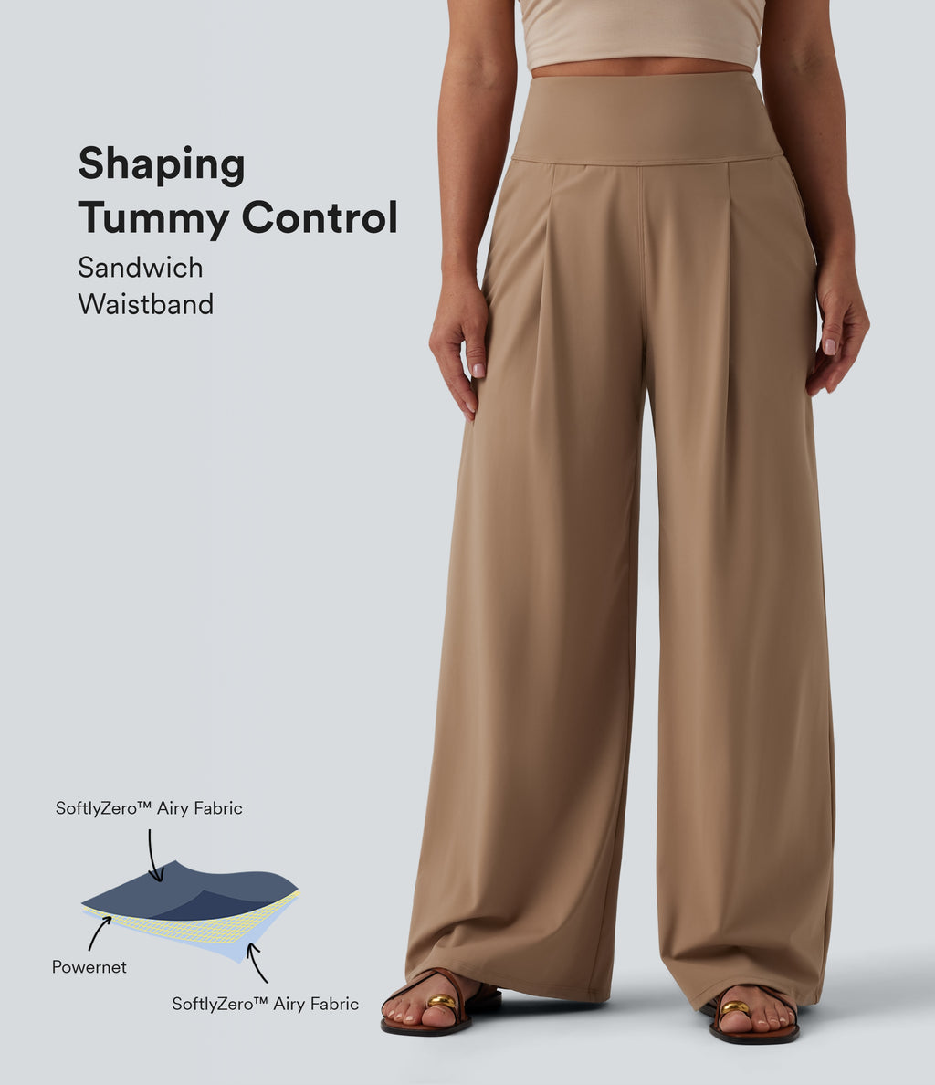 Airy High Waisted Tummy Control Wide Leg InstantCool Casual Trousers with Pockets — Burro — view 1
