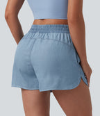 Mid Rise Draped Denim Casual Shorts 3.5'' with Pockets — Malibu Blue Denim — view 2