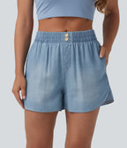Mid Rise Draped Denim Casual Shorts 3.5'' with Pockets — Malibu Blue Denim — view 3