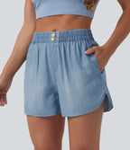 Mid Rise Draped Denim Casual Shorts 3.5'' with Pockets — Malibu Blue Denim — view 1