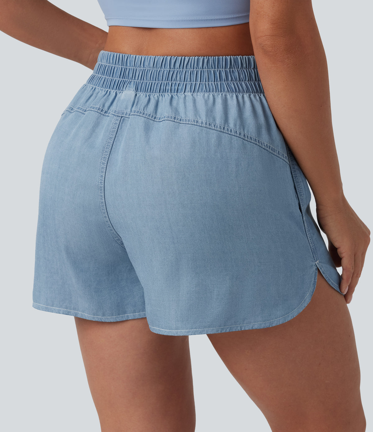 Mid Rise Draped Denim Casual Shorts 3.5'' with Pockets — Malibu Blue Denim — view 5