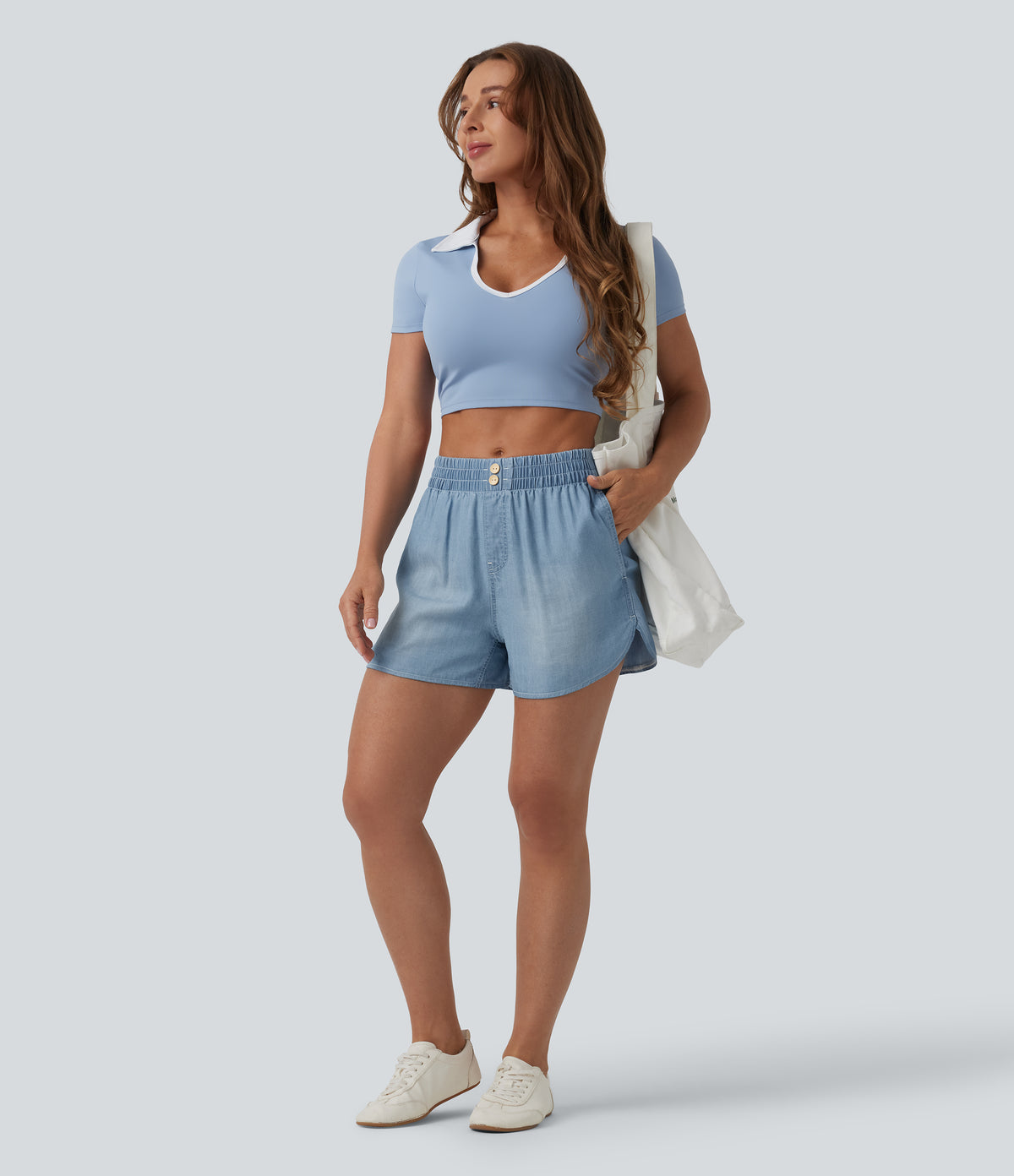 Mid Rise Draped Denim Casual Shorts 3.5'' with Pockets — Malibu Blue Denim — view 6