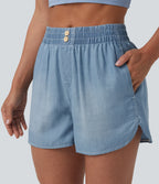 Mid Rise Draped Denim Casual Shorts 3.5'' with Pockets — Malibu Blue Denim — view 4
