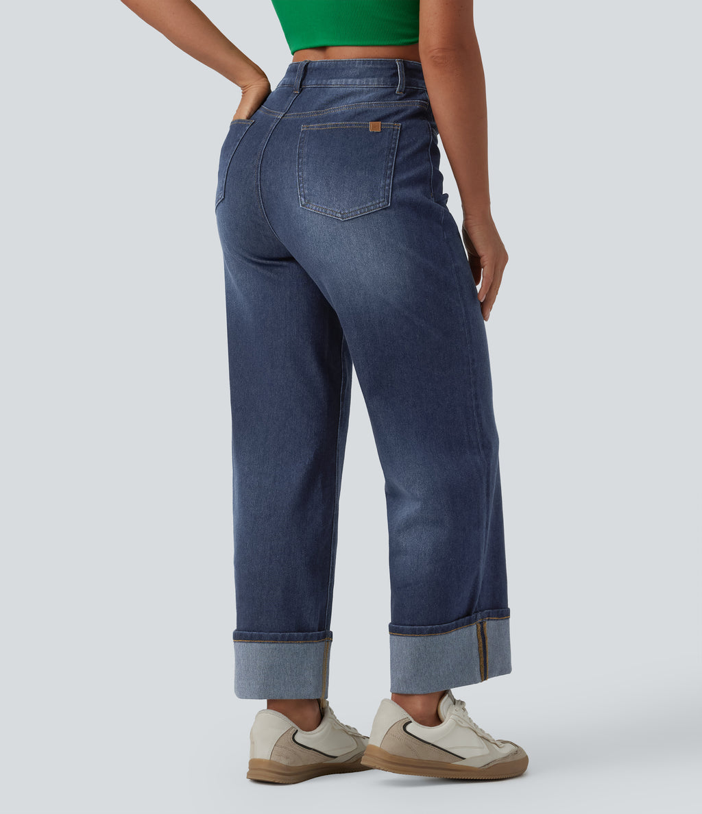 High Waisted Tummy Control Rolled Hem Wide Leg Washed Casual Jeans with Pockets — Pageant Blue Denim — view 2
