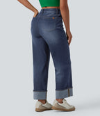 High Waisted Tummy Control Rolled Hem Wide Leg Washed Casual Jeans with Pockets — Pageant Blue Denim — view 2
