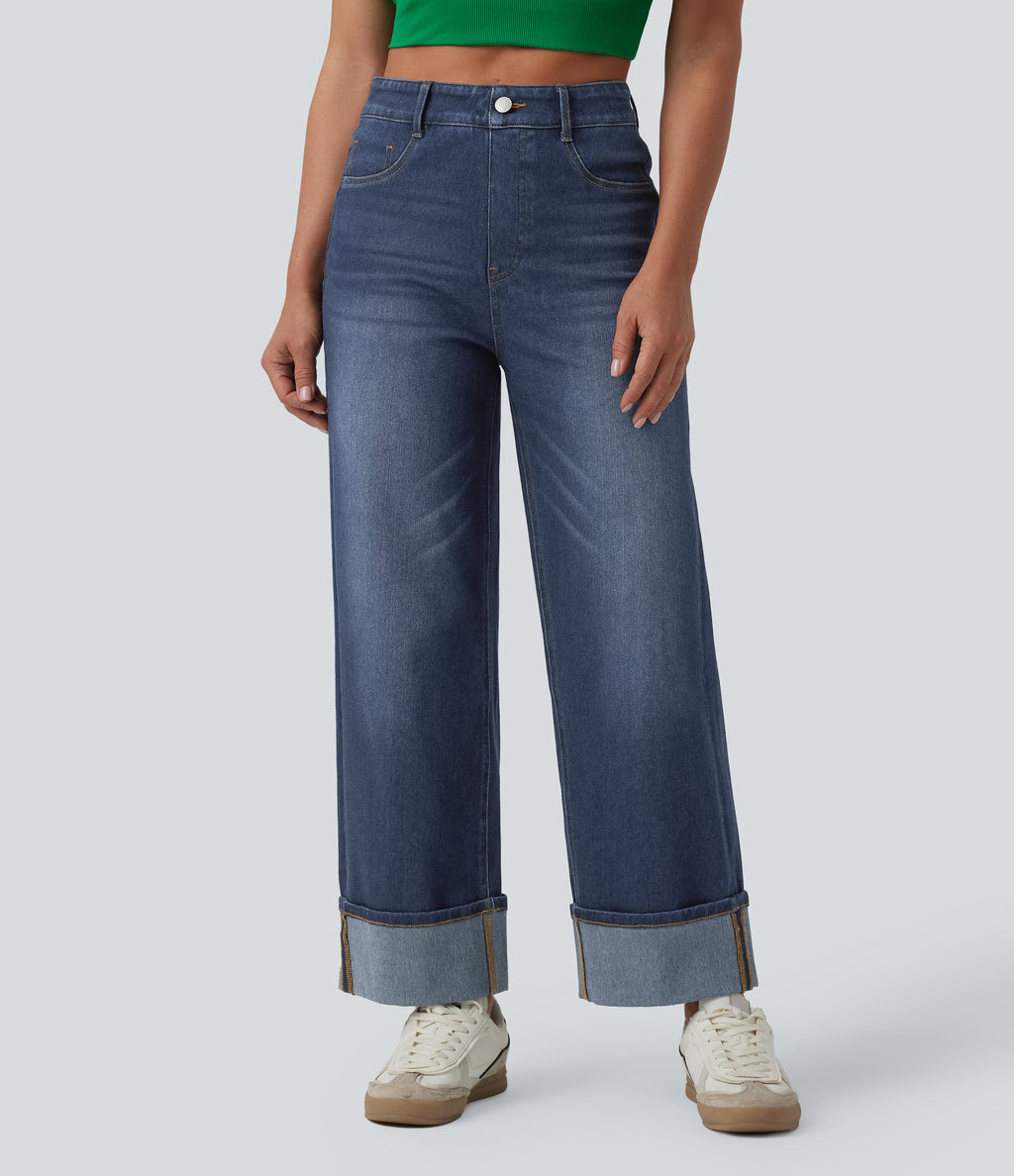 High Waisted Tummy Control Rolled Hem Wide Leg Washed Casual Jeans with Pockets — Pageant Blue Denim — view 3