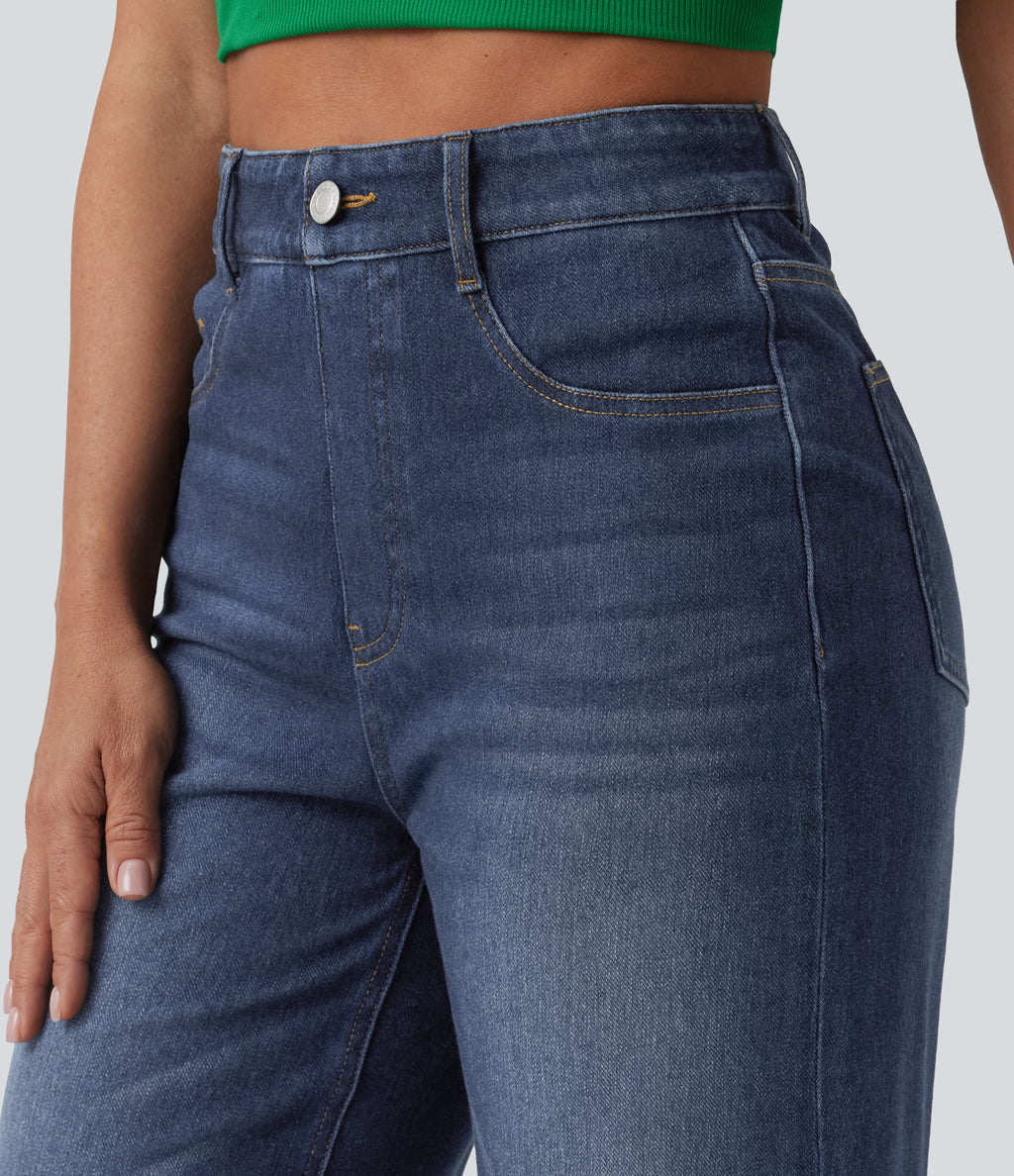 High Waisted Tummy Control Rolled Hem Wide Leg Washed Casual Jeans with Pockets — Pageant Blue Denim — view 4