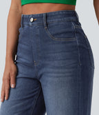 High Waisted Tummy Control Rolled Hem Wide Leg Washed Casual Jeans with Pockets — Pageant Blue Denim — view 4