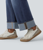 High Waisted Tummy Control Rolled Hem Wide Leg Washed Casual Jeans with Pockets — Pageant Blue Denim — view 6