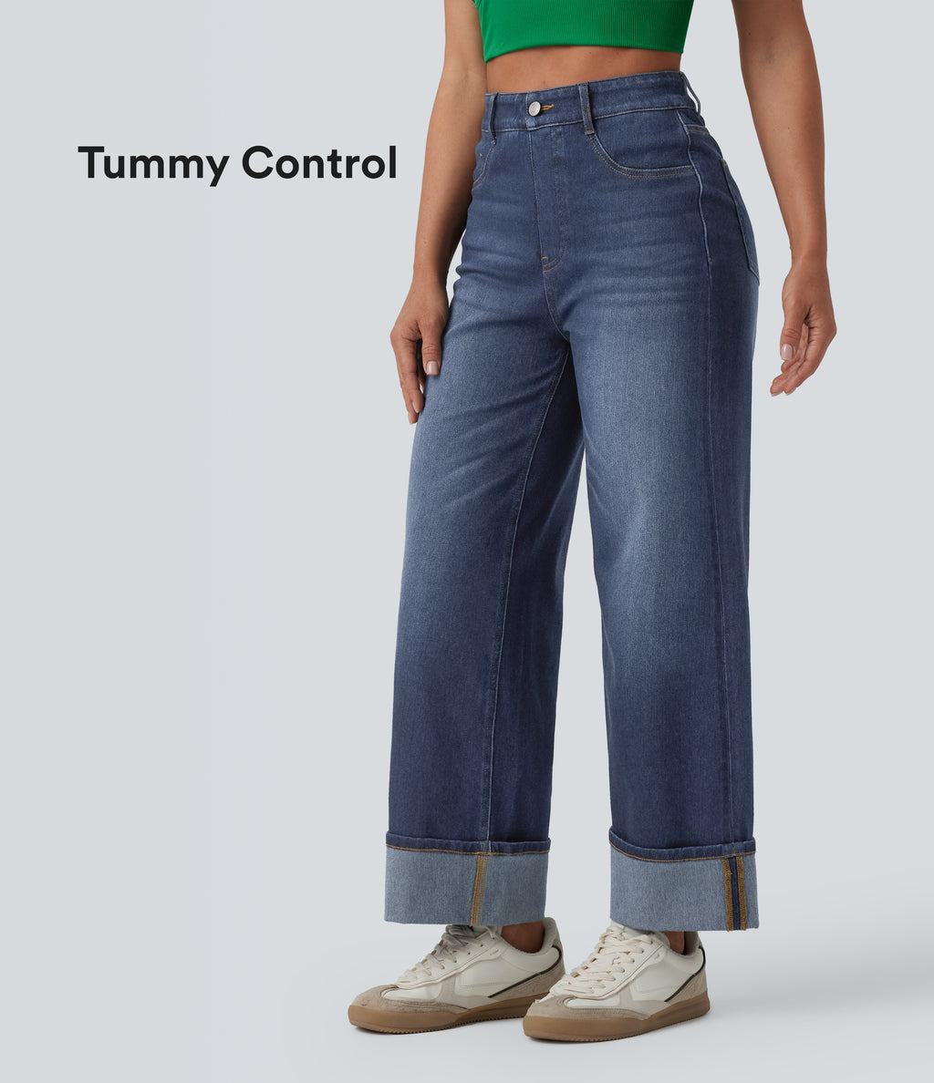 High Waisted Tummy Control Rolled Hem Wide Leg Washed Casual Jeans with Pockets — Pageant Blue Denim — view 1