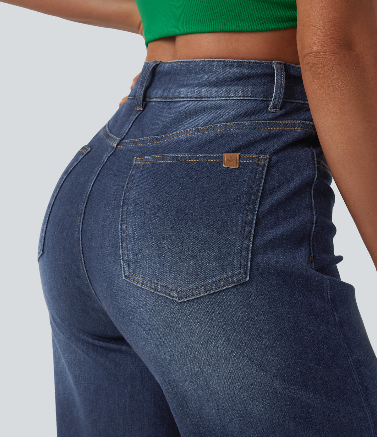 High Waisted Tummy Control Rolled Hem Wide Leg Washed Casual Jeans with Pockets — Pageant Blue Denim — view 5