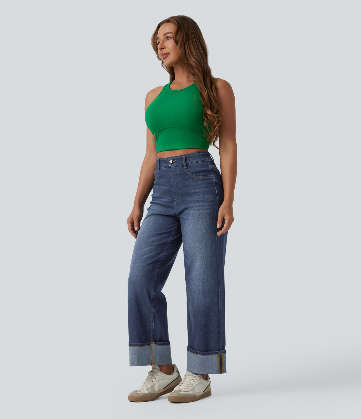 High Waisted Tummy Control Rolled Hem Wide Leg Washed Casual Jeans with Pockets — Pageant Blue Denim — view 7