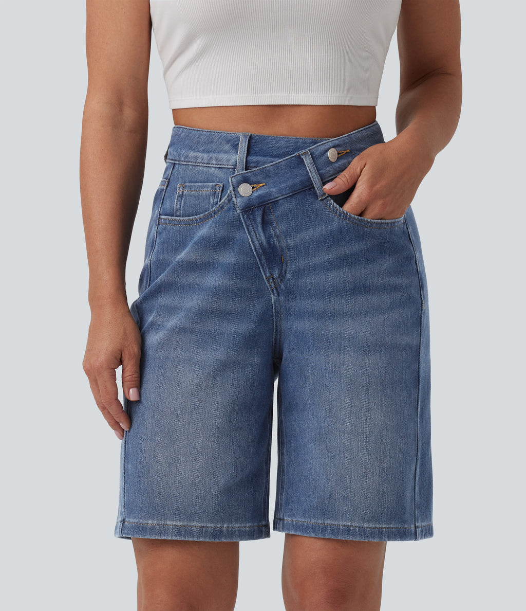 Asymmetric High Waisted Washed Denim Casual Shorts 9'' with Pockets — Blue Jasper Denim — view 3