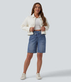 Asymmetric High Waisted Washed Denim Casual Shorts 9'' with Pockets — Blue Jasper Denim — view 6