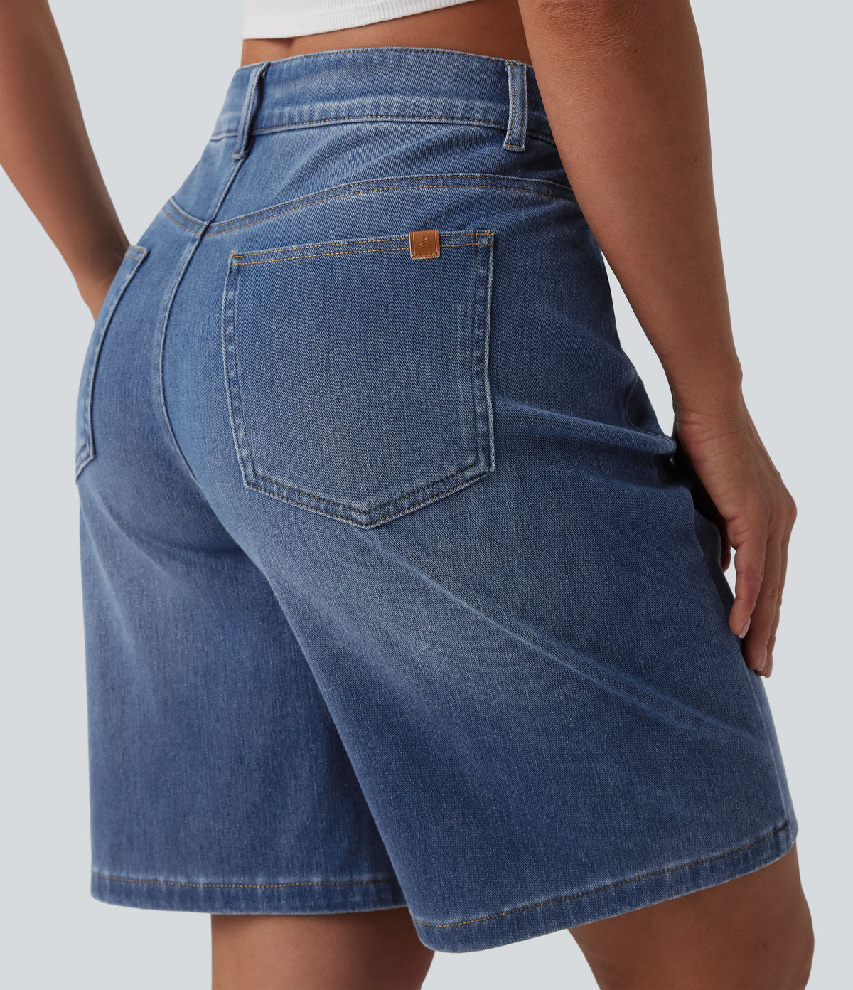 Asymmetric High Waisted Washed Denim Casual Shorts 9'' with Pockets — Blue Jasper Denim — view 5
