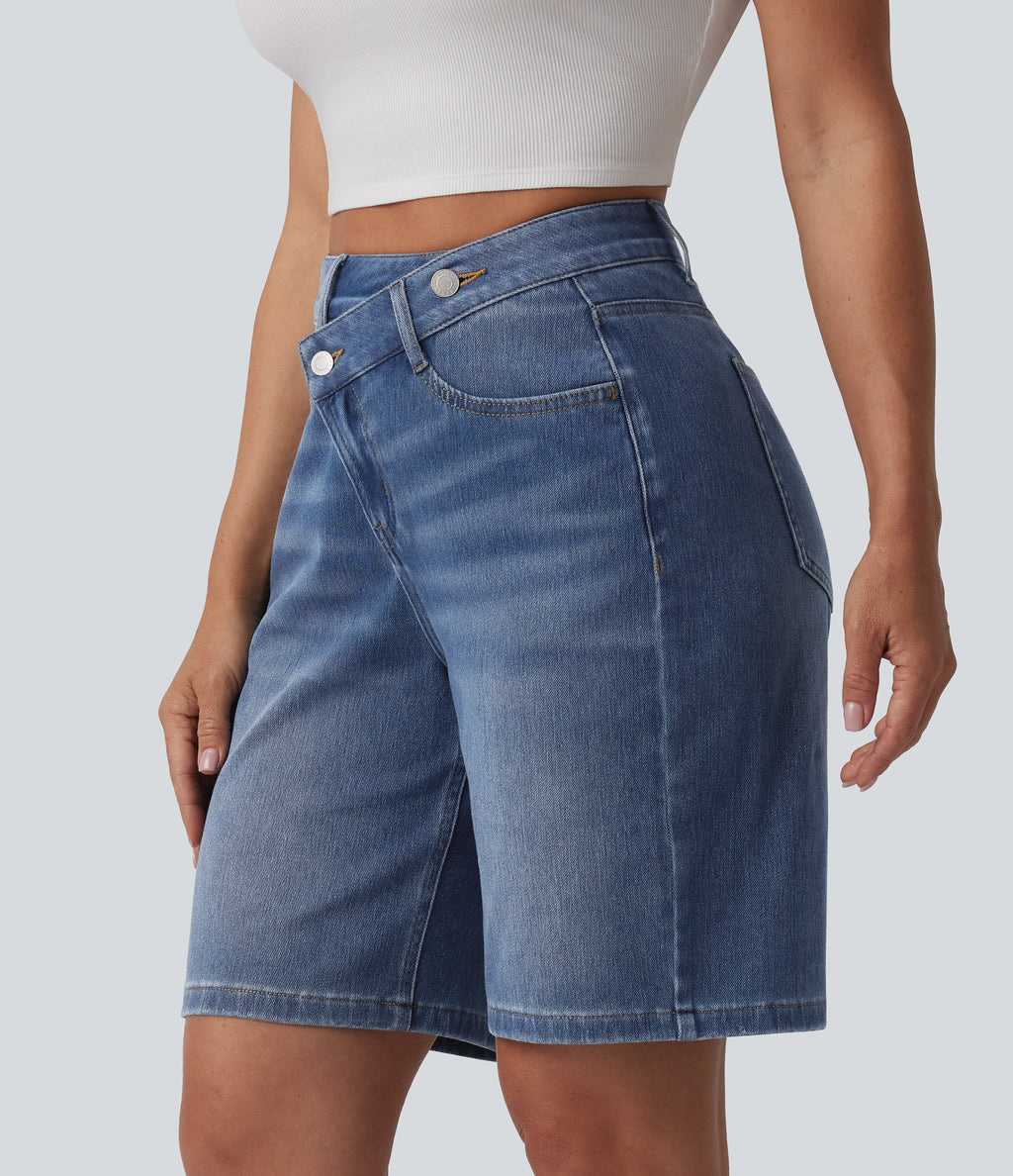 Asymmetric High Waisted Washed Denim Casual Shorts 9'' with Pockets — Blue Jasper Denim — view 4