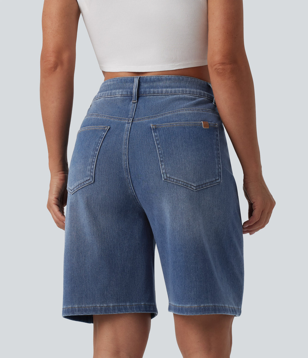 Asymmetric High Waisted Washed Denim Casual Shorts 9'' with Pockets — Blue Jasper Denim — view 2